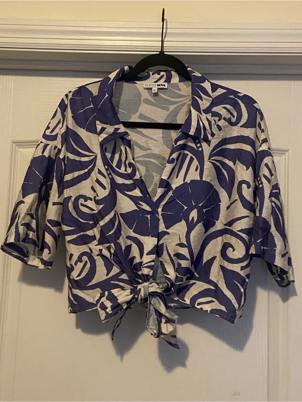 Fashion Nova Purple Leaf-Print Tie-Front Crop Top & Pants Set